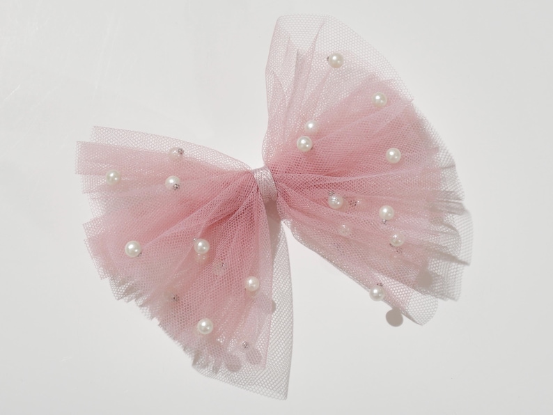 Big bow clips w/ ivory tulle and pearls, for wedding hair updos, bridal hair piece, bridal hair clip & comb, flowering girl hair clip, wedding hair accessories, bridesmaids accessories, flower girl headband, gray bow, dusty rose pink bow with pearls