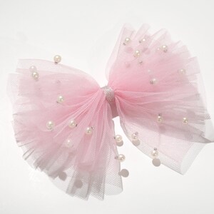 Big bow clips w/ ivory tulle and pearls, for wedding hair updos, bridal hair piece, bridal hair clip & comb, flowering girl hair clip, wedding hair accessories, bridesmaids accessories, flower girl headband, gray bow, dusty rose pink bow with pearls