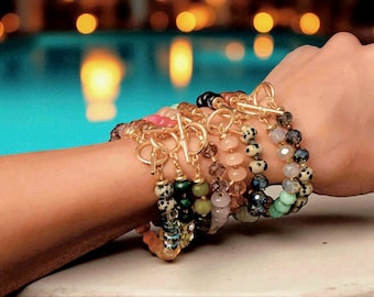 Rainbow Gemstone Bracelet, Colorful Mixed Gem Bracelet with Rondelle Beads, Crystal Bracelet Stack, Boho Chic