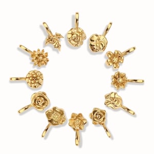 Gold birth flower charm representing each month, featuring a delicate embossed floral design on a round gold pendant — a personalized jewelry gift for her.