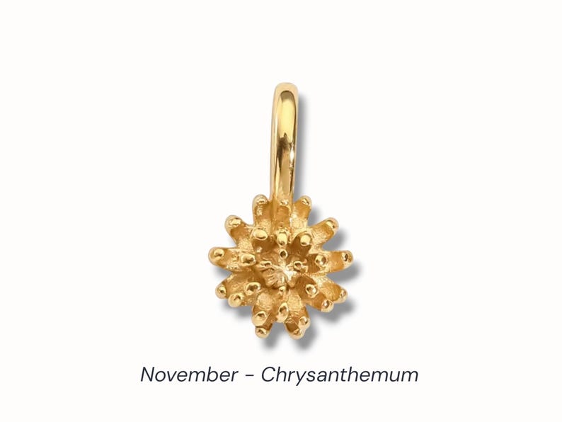 Gold birth flower charm representing each month, featuring a delicate embossed floral design on a round gold pendant — a personalized jewelry gift for her.
