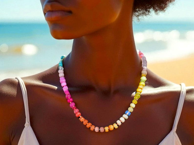 Rainbow Multi Gemstone Knotted Necklace with Neon Rondelle Beads, Boho Chic & Anthropologie image 2