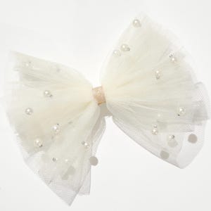 Big bow clips w/ ivory tulle and pearls, for wedding hair updos, bridal hair piece, bridal hair clip & comb, flowering girl hair clip, wedding hair accessories, bridesmaids accessories, flower girl headband, gray bow, dusty rose pink bow with pearls