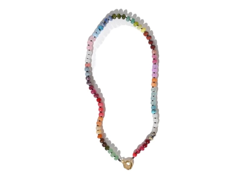Candy Colored Beaded Gemstone Choker Necklace featuring amethysts, citrines, sunstone, jades, rose quartz & opal rainbow beads.   It is a beautiful Boho Chic Statement necklace for the Summer in bright neon pinks, purples, oranges, greens & yellows.