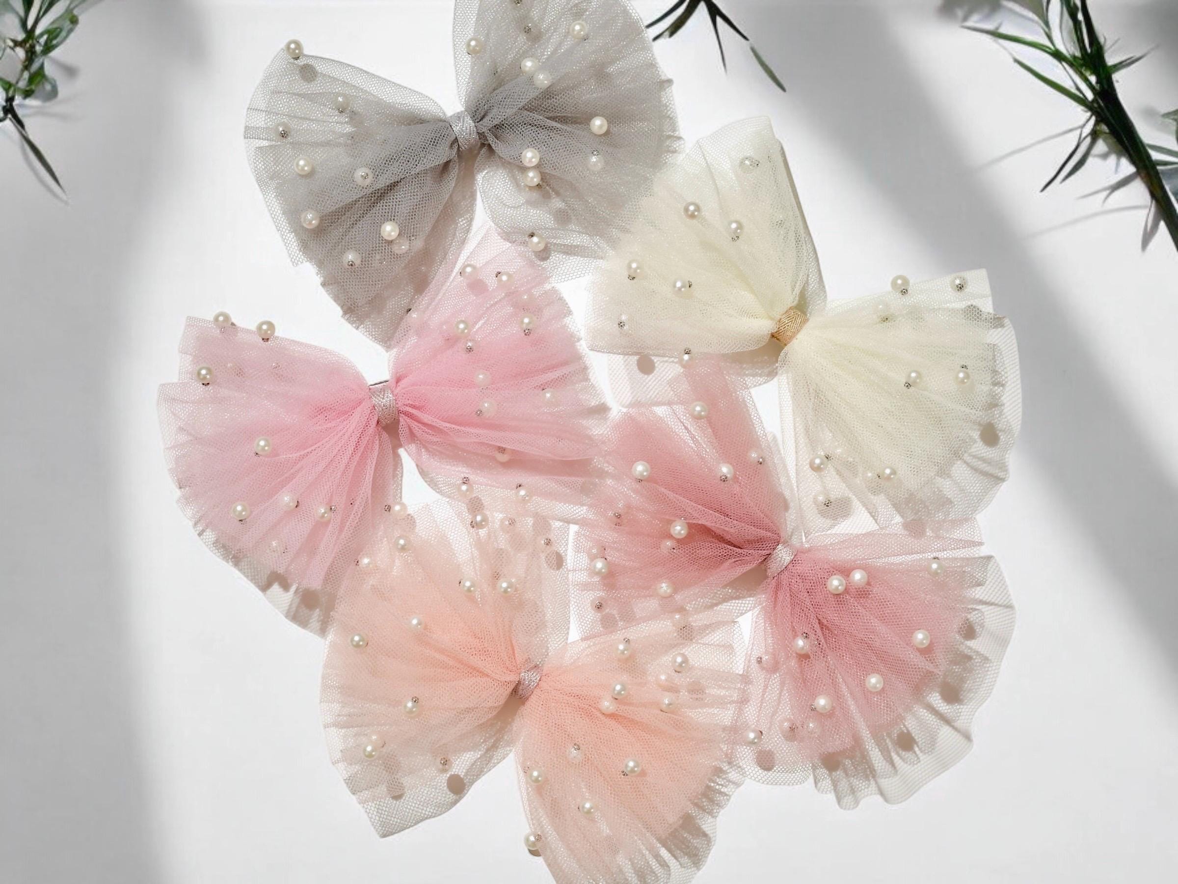 Tutu Princess Bow: Large Tulle Pearl Bow for Flower Girls, Toddler Bows, Baptism & Wedding.