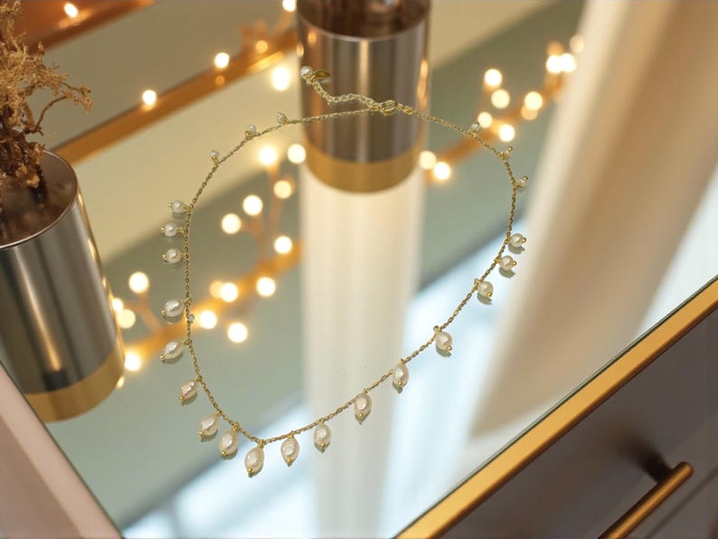 Sierlijke zoetwaterparelketting: 14k gouden vermeilketting, bruidssieraden afbeelding 9