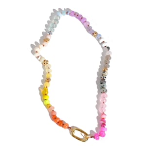 Candy Colored Long Beaded Gem Necklace featuring neon colored rainbow gemstones and opal rainbow beads. 
 It is a beautiful Boho Chic Statement Necklace for the Summer in colors of bright neon pinks , purples, oranges, pastels and yellows.