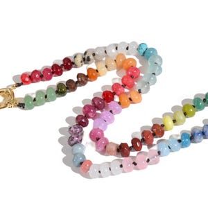 Candy Colored Beaded Gemstone Choker Necklace featuring amethysts, citrines, sunstone, jades, rose quartz & opal rainbow beads.   It is a beautiful Boho Chic Statement necklace for the Summer in bright neon pinks, purples, oranges, greens & yellows.