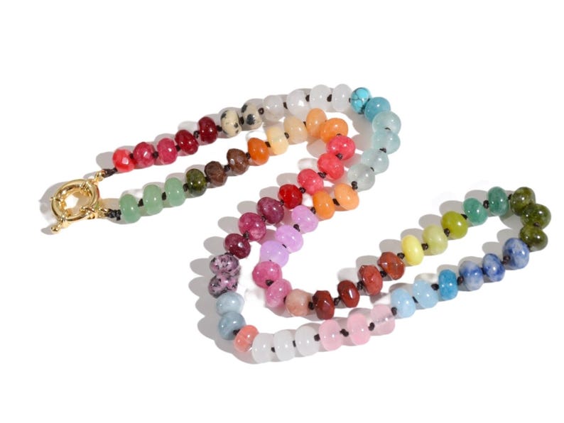 Candy Colored Beaded Gemstone Choker Necklace featuring amethysts, citrines, sunstone, jades, rose quartz & opal rainbow beads.   It is a beautiful Boho Chic Statement necklace for the Summer in bright neon pinks, purples, oranges, greens & yellows.