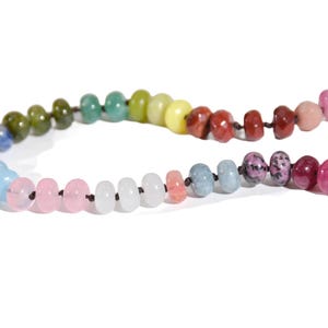 Candy Colored Beaded Gemstone Choker Necklace featuring amethysts, citrines, sunstone, jades, rose quartz & opal rainbow beads.   It is a beautiful Boho Chic Statement necklace for the Summer in bright neon pinks, purples, oranges, greens & yellows.