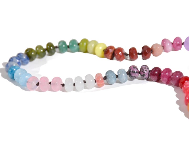 Candy Colored Beaded Gemstone Choker Necklace featuring amethysts, citrines, sunstone, jades, rose quartz & opal rainbow beads.   It is a beautiful Boho Chic Statement necklace for the Summer in bright neon pinks, purples, oranges, greens & yellows.