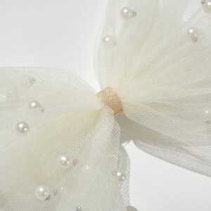 Big bow clips w/ ivory tulle and pearls, for wedding hair updos, bridal hair piece, bridal hair clip & comb, flowering girl hair clip, wedding hair accessories, bridesmaids accessories, flower girl headband, gray bow, dusty rose pink bow with pearls