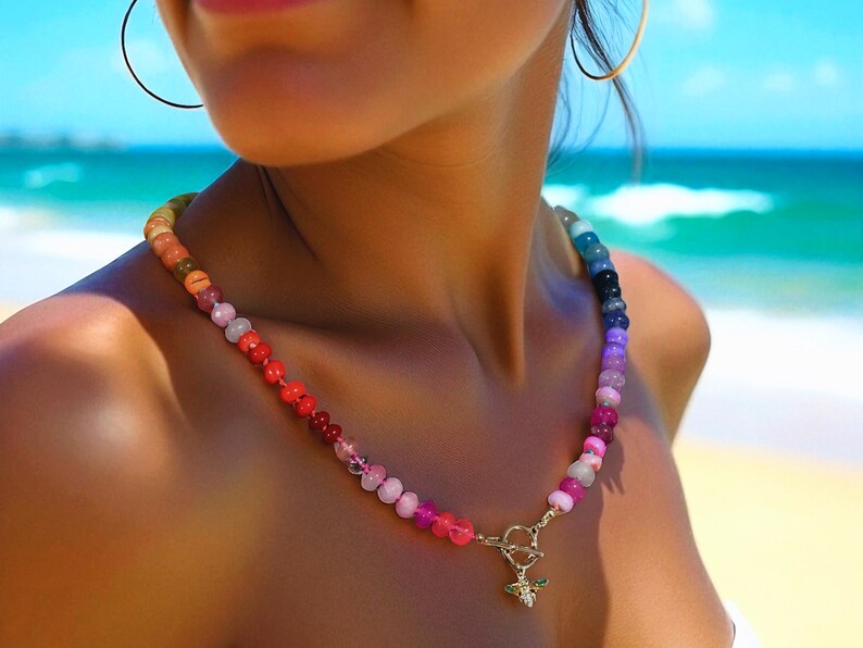 Knotted Rainbow Gemstone Necklace: 14k Gold Vermeil Beaded Statement Jewelry, Boho Gift, Stocking Stuffer image 2