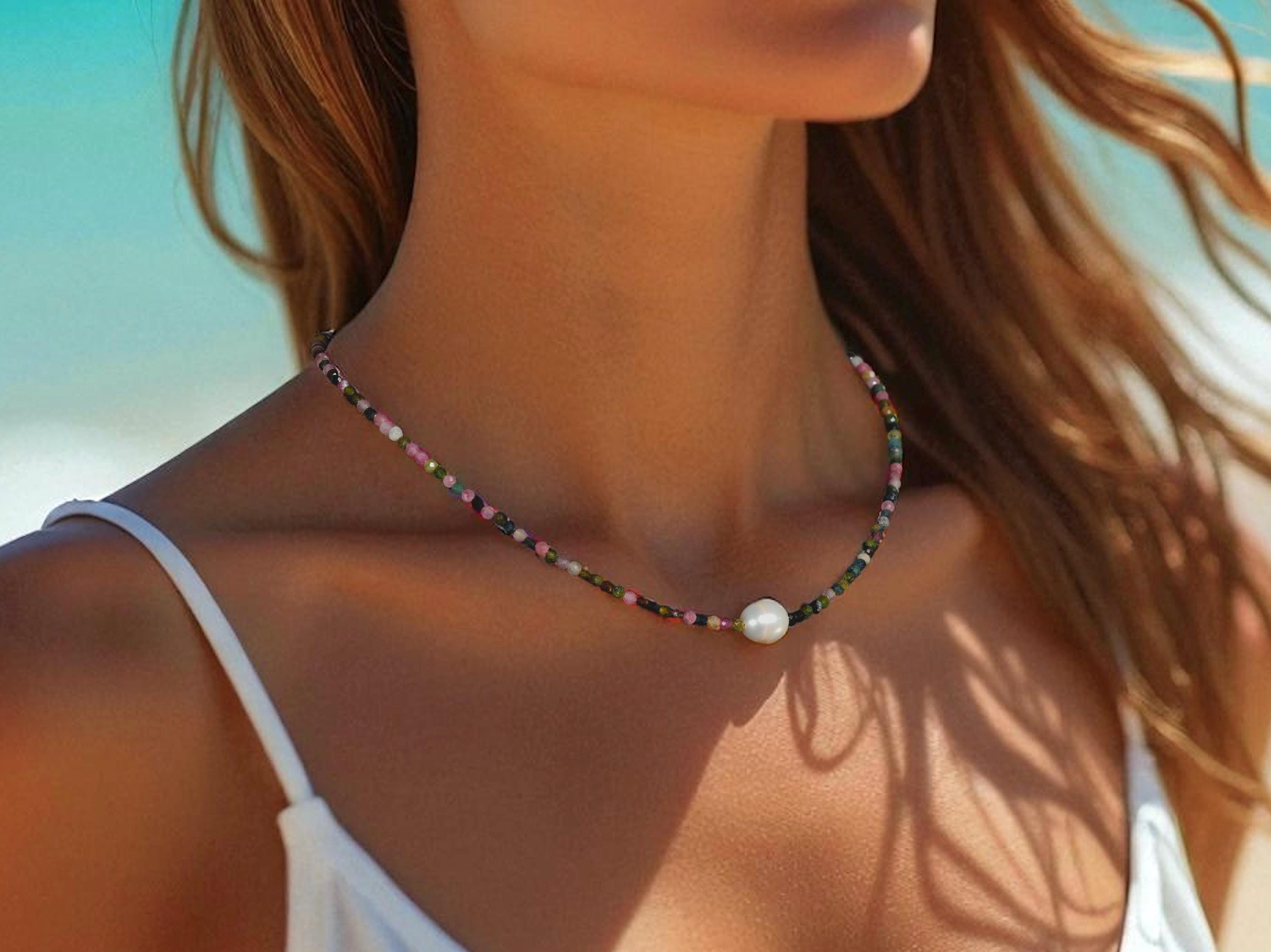 Tourmaline Gemstone Beaded Necklace, Colorful Gem Necklace with Pearl, Boho Chic Simple Choker