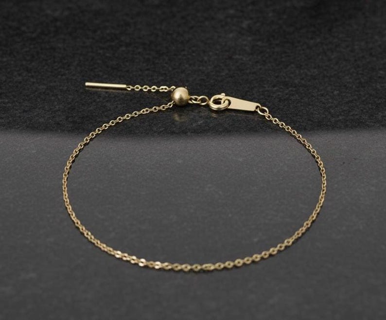 14k gold chain threader bracelet with delicate bar needle. minimalist jewelry for her.