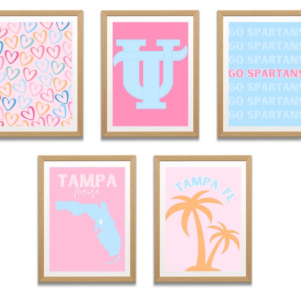 Impresiones de pared del dormitorio de la Universidad de Tampa: azul y rosa