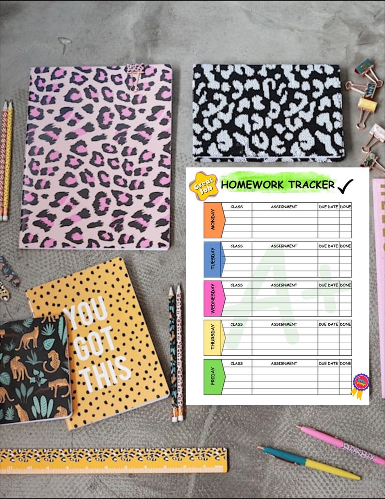 May include: A colourful homework tracker printable with a checklist for each day of the week. The tracker has a green, blue, pink, and orange colour scheme. The text "Great Job!" is in a star shape at the top of the page.