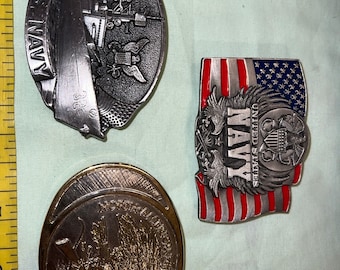 Set di tre (3) fibbie per cinture patriottiche vintage (bandiera e sigillo della Marina degli Stati Uniti)