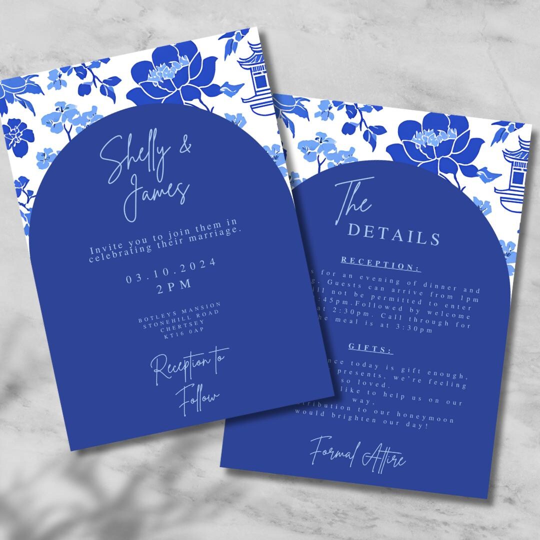 Chinoiserie Blue and White Wedding Templates (invitation and Details