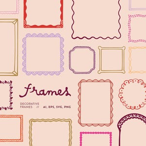 May include: A collection of various hand-drawn style frames in multiple colors and shapes, including rectangular, square, and circular designs. The text "frames" and "DECORATIVE FRAMES // AI, EPS, SVG, PNG" is printed in the center of the image.