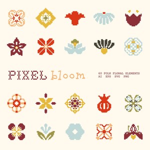 May include: A collection of pixel art floral elements arranged in a grid, featuring various geometric flower shapes in red, yellow, blue, and green. The text PIXEL bloom 60 FOLK FLORAL ELEMENTS AI EPS SVG PNG is centered in the middle of the image.