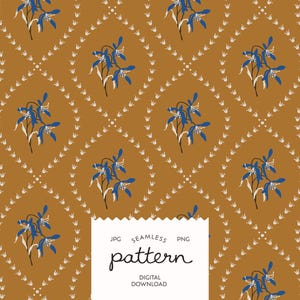 May include: A seamless digital pattern featuring blue flowers arranged within a white dotted diamond lattice on a mustard brown background. The white overlay text reads: JPG SEAMLESS PNG pattern DIGITAL DOWNLOAD.
