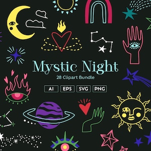 May include: A digital graphic set titled Mystic Night 28 Clipart Bundle featuring neon-colored celestial icons including a yellow crescent moon with a face, a purple planet with rings, a sun with a face, stars, hearts, hands, and constellations.