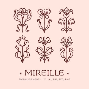 Op de afbeelding: Een verzameling van zes donkerbruine lijntekeningen van bloemen, gerangschikt in twee rijen van drie. Onder de bloemen staat de tekst MIREILLE, gevolgd door de woorden FLORAL ELEMENTS en de bestandsformaten AI, EPS, SVG, PNG.