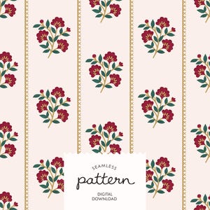 Indian Floral Block Print Pattern, Seamless Botanical Stripe with Vintage Folk Art Flowers