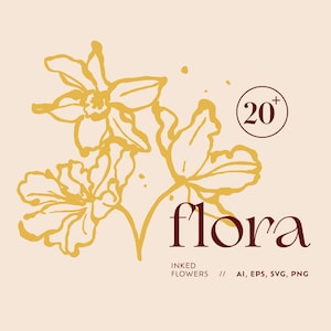 Op de afbeelding: Een digitale afbeelding met een gouden lijntekening van drie bloemen op een lichtbeige achtergrond. De tekst bevat 20+, flora, INKED FLOWERS en AI, EPS, SVG, PNG in een donkerrood schreeflettertype. Het ontwerp is een verzameling florale elementen.