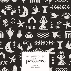 Könnte beinhalten: Ein nahtloses digitales Muster mit hellgrauen Symbolen auf dunkelgrauem Hintergrund. Die Symbole zeigen Monde, Vögel, Hände mit Augen, Blumen, Vasen, Bögen und Figuren mit Herzen. Text: jpg seamless png pattern digital download.