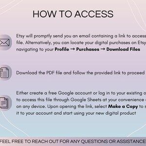 Instructions for accessing Google Sheets after purchase on Etsy: Download the file via the download link provided in your Etsy account under Profile → Purchases → Download Files. Use your free Google Account to open and utilize the file
