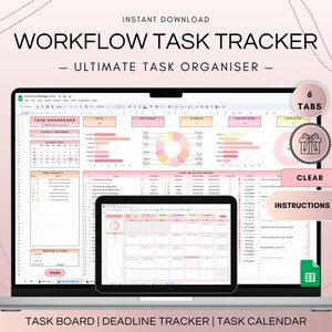 May include: A digital task tracker spreadsheet with six tabs, including a task dashboard, task board, deadline tracker, and task calendar. The spreadsheet is displayed on a laptop computer with a pink and white color scheme.