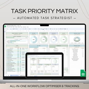 May include: A laptop computer displaying a spreadsheet with the title "Task Priority Matrix - Automated Task Strategist -" and a pie chart showing overall progress. The spreadsheet is divided into sections for tasks, do now, delegate, and pending tasks. A smaller tablet computer is also visible, displaying a similar spreadsheet. The text "ALL-IN-ONE WORKFLOW OPTIMISER & TRACKING" is displayed below the laptop.