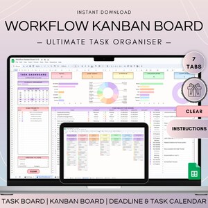 Kanban Project Management Spreadsheet, Google Sheets Task Tracker and Kanban Board, To Do List Monthly Calendar, Daily and Weekly Planner