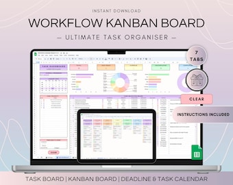 Kanban Project Management Spreadsheet, Google Sheets Task Tracker and Kanban Board, To Do List Monthly Calendar, Daily and Weekly Planner