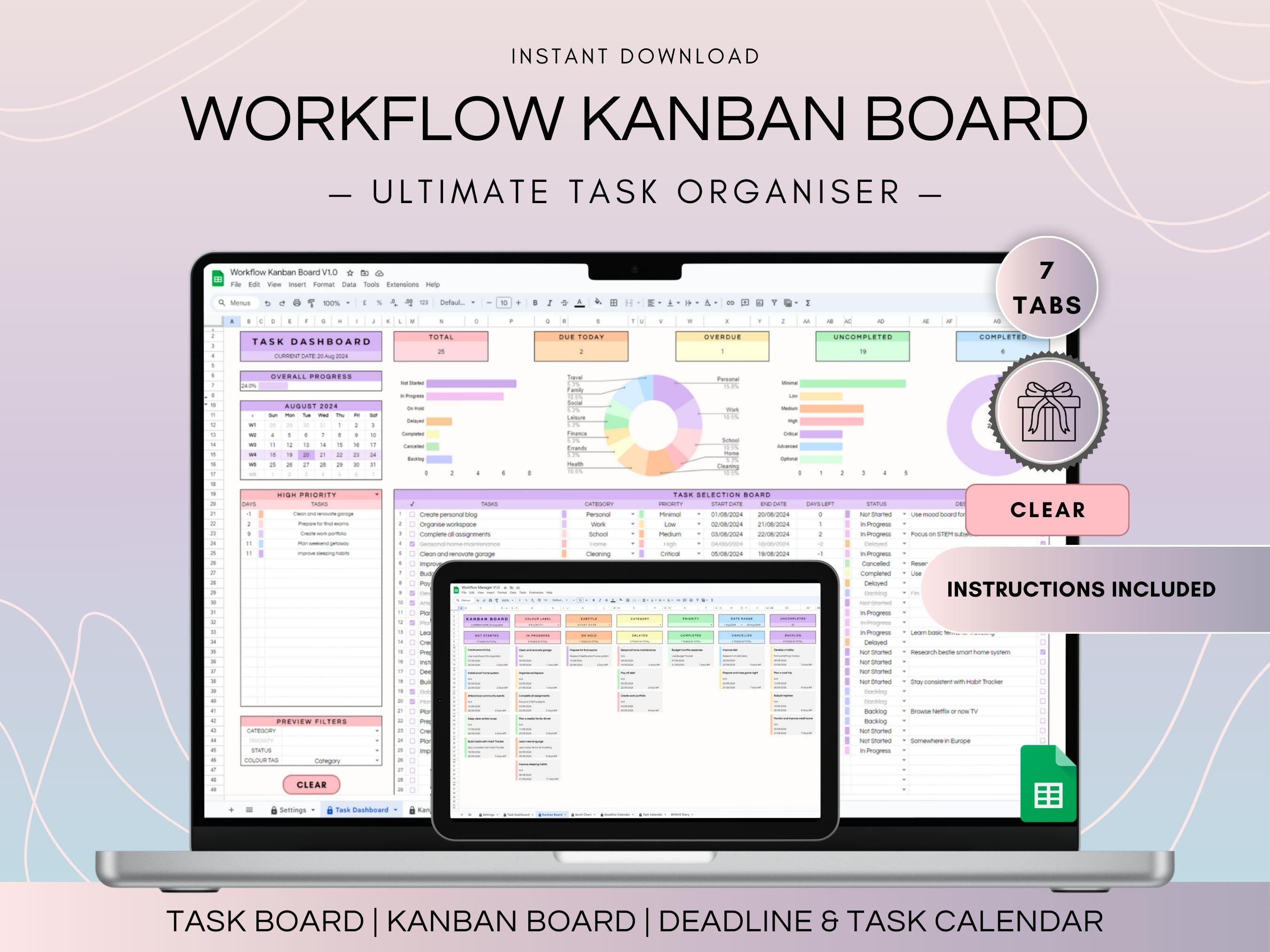 Kanban Project Management Spreadsheet, Google Sheets Task Tracker and Kanban Board, To Do List Monthly Calendar, Daily and Weekly Planner