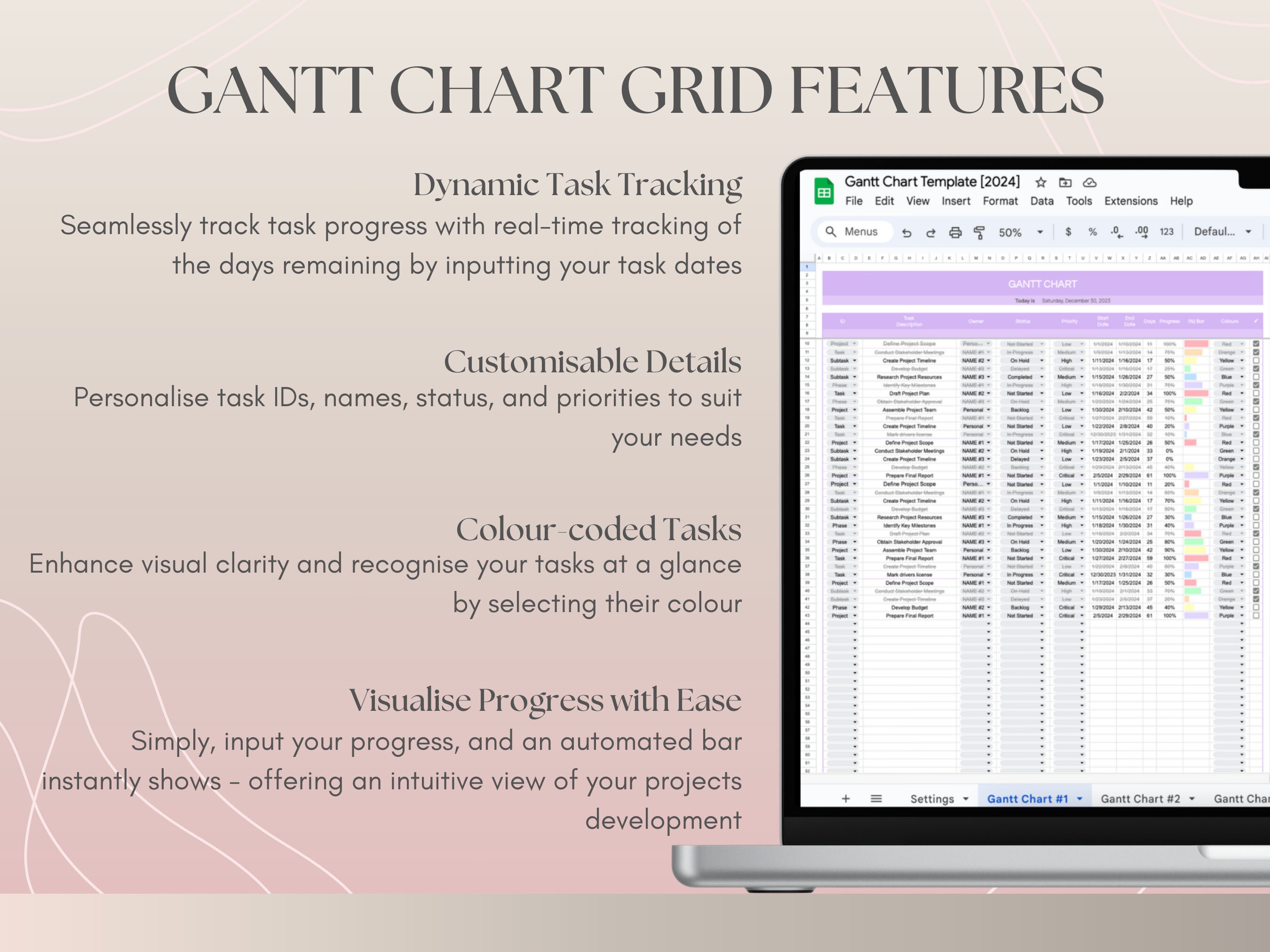 Gantt Chart Google Sheets Template, Project Timeline Management, Task ...