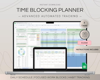Planificador de bloqueo de tiempo semanal, hoja de cálculo, lista de tareas pendientes de bloqueo de tiempo diario, plantilla de hojas de cálculo de Google, organizador de cronogramas y seguimiento de tareas de gestión del tiempo
