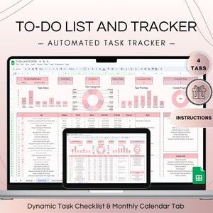 Peut inclure: Un ordinateur portable affichant une feuille de calcul avec un schéma de couleurs rose et blanc. La feuille de calcul est intitulée "To-Do List and Tracker - Automated Task Tracker" et comporte quatre onglets. La feuille de calcul comprend une liste de contrôle des tâches, un calendrier mensuel et des graphiques pour suivre l'état des tâches, les catégories et les priorités. L'image comprend également le texte "Instructions Included" et "Dynamic Task Checklist & Monthly Calendar Tab".