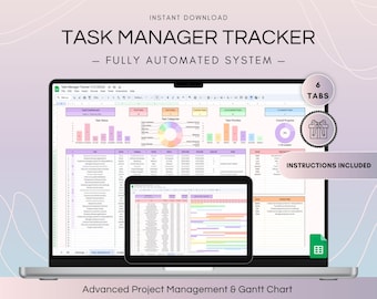 May include: A laptop computer displaying a spreadsheet program with a task manager tracker. The spreadsheet has six tabs, including a dashboard, task list, and Gantt chart. The spreadsheet is colorful and includes charts and graphs. The text "TASK MANAGER TRACKER - FULLY AUTOMATED SYSTEM -" is displayed above the spreadsheet. The text "6 TABS" is displayed in a circle with a gift box icon. The text "INSTRUCTIONS INCLUDED" is displayed below the tabs. The text "Advanced Project Management & Gantt Chart" is displayed below the laptop.