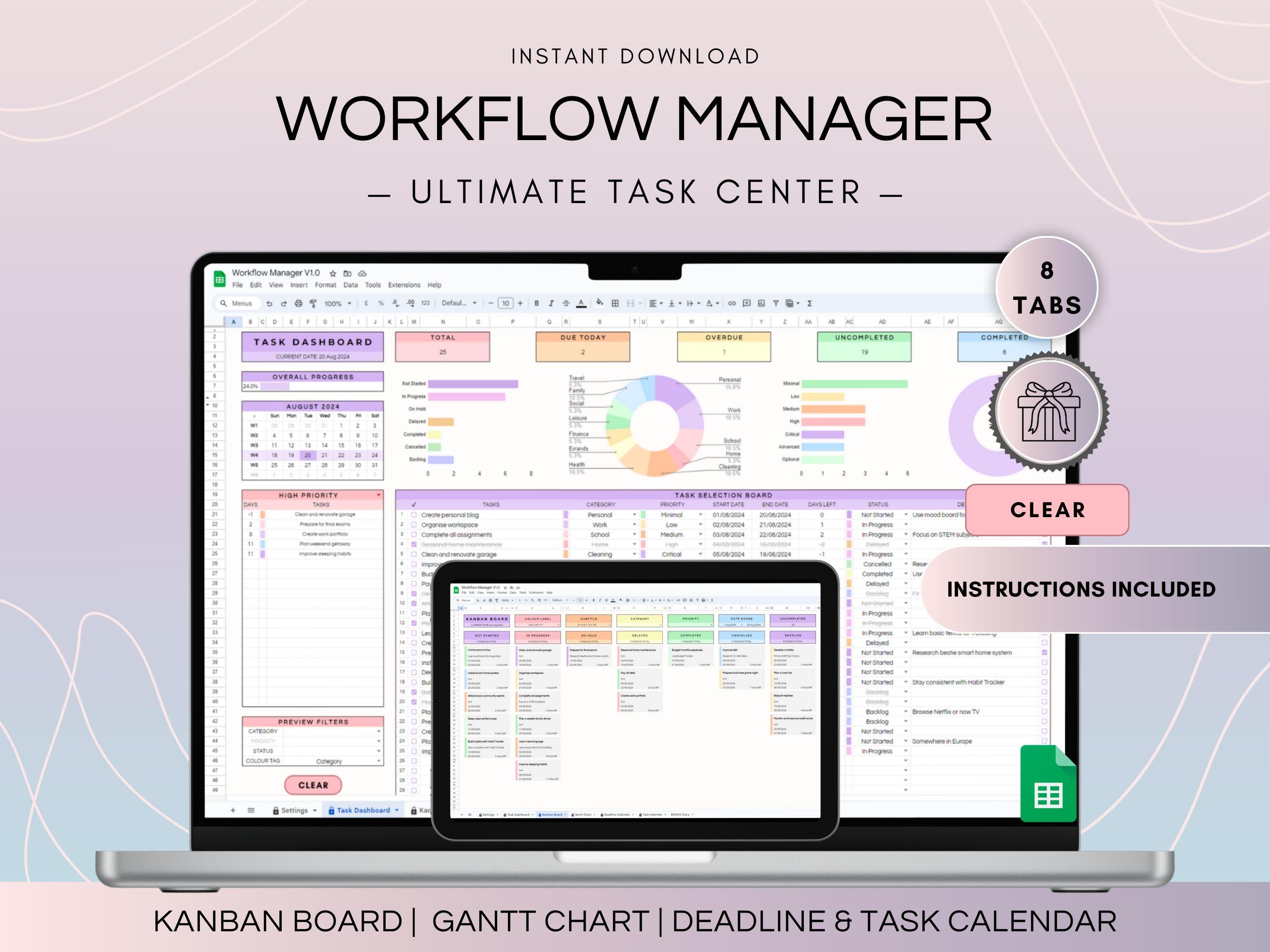 Workflow Project Management Spreadsheet, Google Sheets Kanban Board and ...