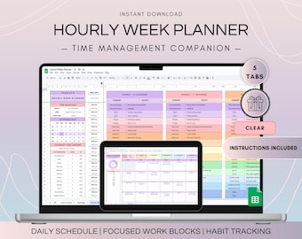 Hoja de cálculo de seguimiento de tiempo con lista de tareas pendientes por hora, plantilla de hojas de cálculo de Google con bloqueo de tiempo, bloques de calendario de planificador de horario diario de gestión del tiempo