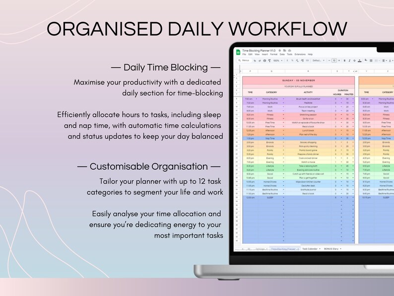 Maximize productivity with a daily time-blocking section. Allocate hours to tasks, including sleep and naps, with automatic calculations. Customize with up to 12 task categories to organize your day and focus on your most important tasks