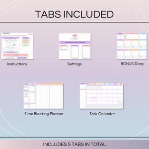 Tabs included: Instructions, Settings, Time Blocking Planner, Task Calendar, and a complementary BONUS Diary