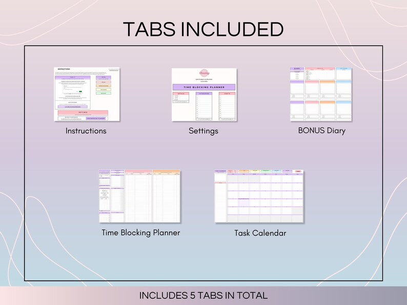 Tabs included: Instructions, Settings, Time Blocking Planner, Task Calendar, and a complementary BONUS Diary
