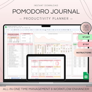 Peut inclure: Un ordinateur portable affichant une feuille de calcul avec un schéma de couleurs rose et vert. La feuille de calcul est intitulée "Pomodoro Journal - Productivity Planner". L'image comprend également une tablette affichant une feuille de calcul similaire. Le texte "START", "STOP" et "INSTRUCTIONS INCLUDED" est visible à l'écran.