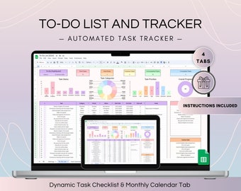 Könnte beinhalten: Ein Laptop-Computer, auf dem eine Google Sheets-Tabelle mit einer To-Do-Liste und einem Aufgaben-Tracker angezeigt wird. Die Tabelle hat vier Registerkarten: To-Do-Dashboard, Aufgabenstatus, Aufgabenkategorien und Aufgabenprioritäten. Die Tabelle enthält auch Diagramme und Grafiken, um den Fortschritt der Aufgaben zu visualisieren. Der Laptop befindet sich auf einem rosa und weißen Hintergrund mit dem Text "TO-DO LIST AND TRACKER - AUTOMATED TASK TRACKER -" darüber. Der Text "4 TABS" und "INSTRUCTIONS INCLUDED" ist ebenfalls auf dem Bild zu sehen.