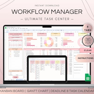 Pode incluir: Um computador portátil exibindo uma planilha com um esquema de cores rosa e laranja. A planilha é intitulada "Workflow Manager - Ultimate Task Center" e inclui guias para "Painel de tarefas", "Quadro Kanban", "Gráfico de Gantt", "Calendário de prazos e tarefas" e "Concluído".