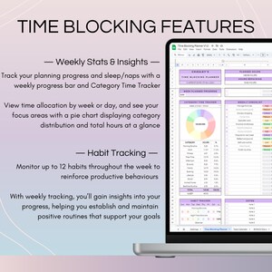 Track progress and sleep with a weekly bar and Category Time Tracker. View time allocation by week/day and see focus areas with a pie chart. Monitor up to 12 habits weekly, gaining insights to reinforce productive behaviors and support your goals